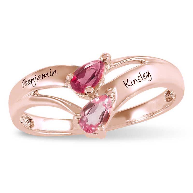 Anel personalizado em ouro 10K com pedra de nascimento em forma de pêra e gravação personalizada da pedra de nascimento.-3