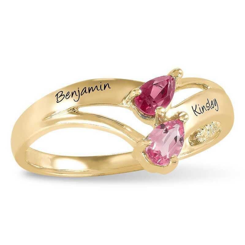 Anel personalizado em ouro 10K com pedra de nascimento em forma de pêra e gravação personalizada da pedra de nascimento.-4