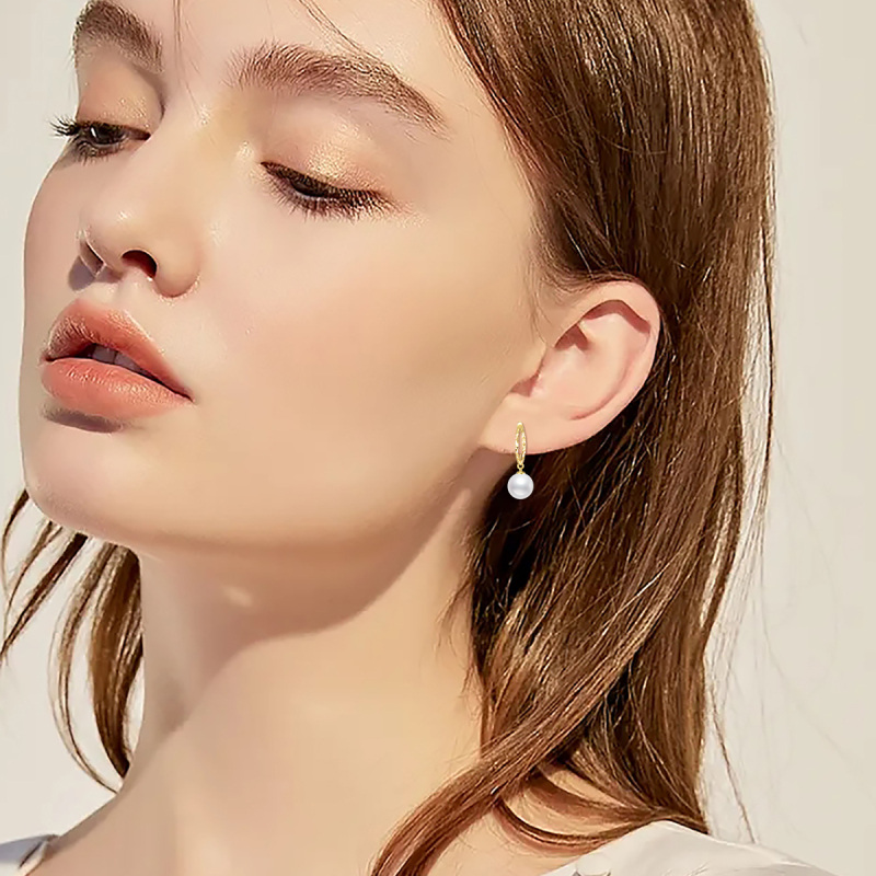 10K Gold Pearl Bead Drop Earrings-2