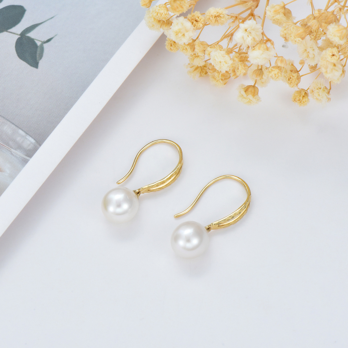 10K Gold Pearl Bead Drop Earrings-3