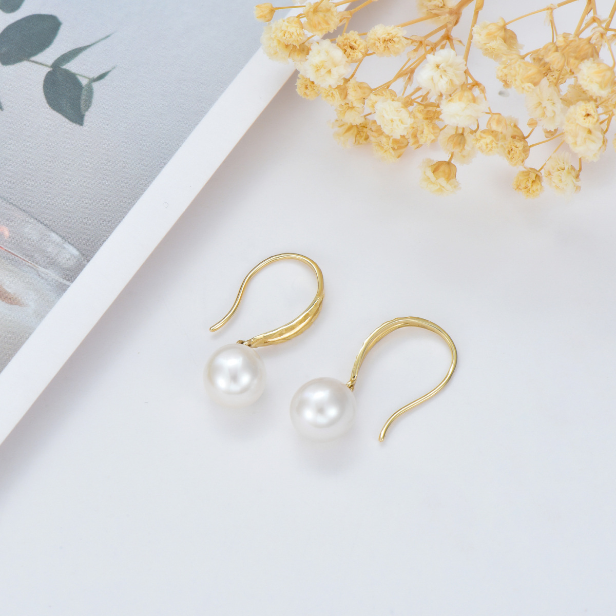 10K Gold Pearl Bead Drop Earrings-4