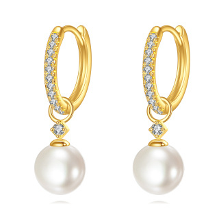 10K Gold Pearl Bead Drop Earrings-1