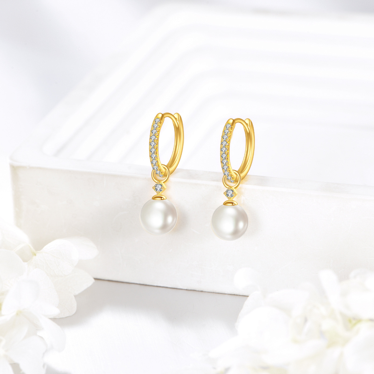 18K Gold Pearl Bead Drop Earrings-3