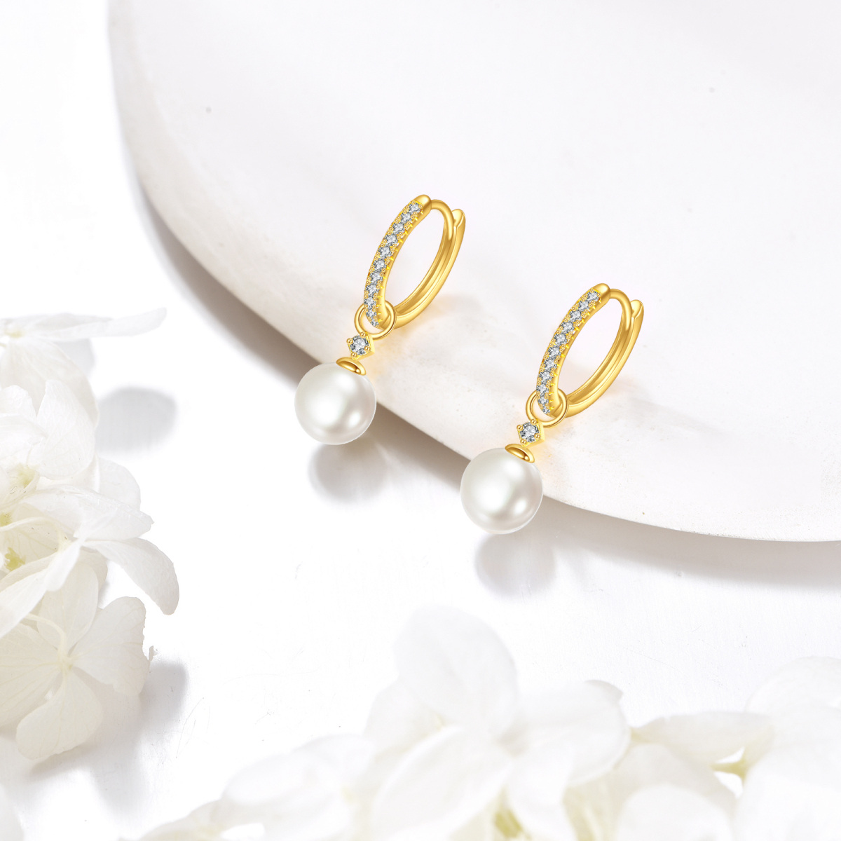 10K Gold Pearl Bead Drop Earrings-4