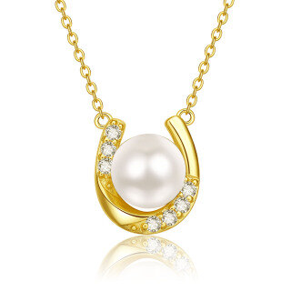 10K Gold Pearl With Cubic Zirconia Horseshoe Pendant Necklace For Women-39