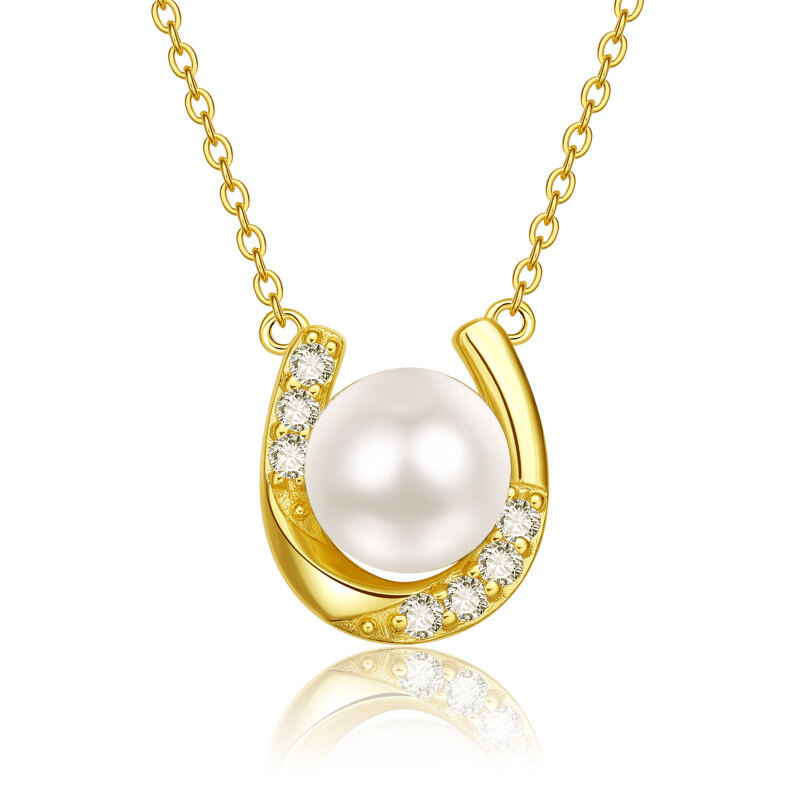 10K Gold Pearl With Cubic Zirconia Horseshoe Pendant Necklace For Women-10
