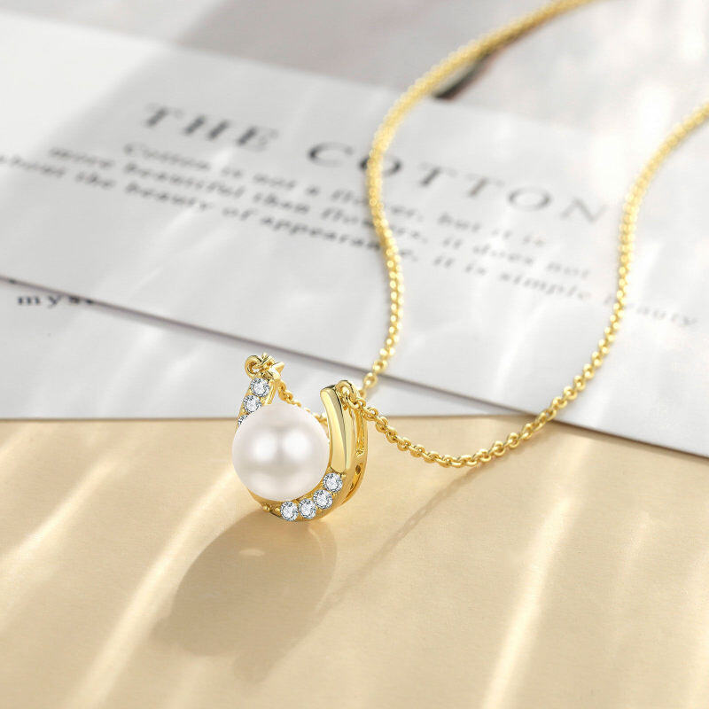 Halskette mit Hufeisen-Anhänger aus 10-karätigem Gold mit Perle und kubischem Zirkonia für Damen-3