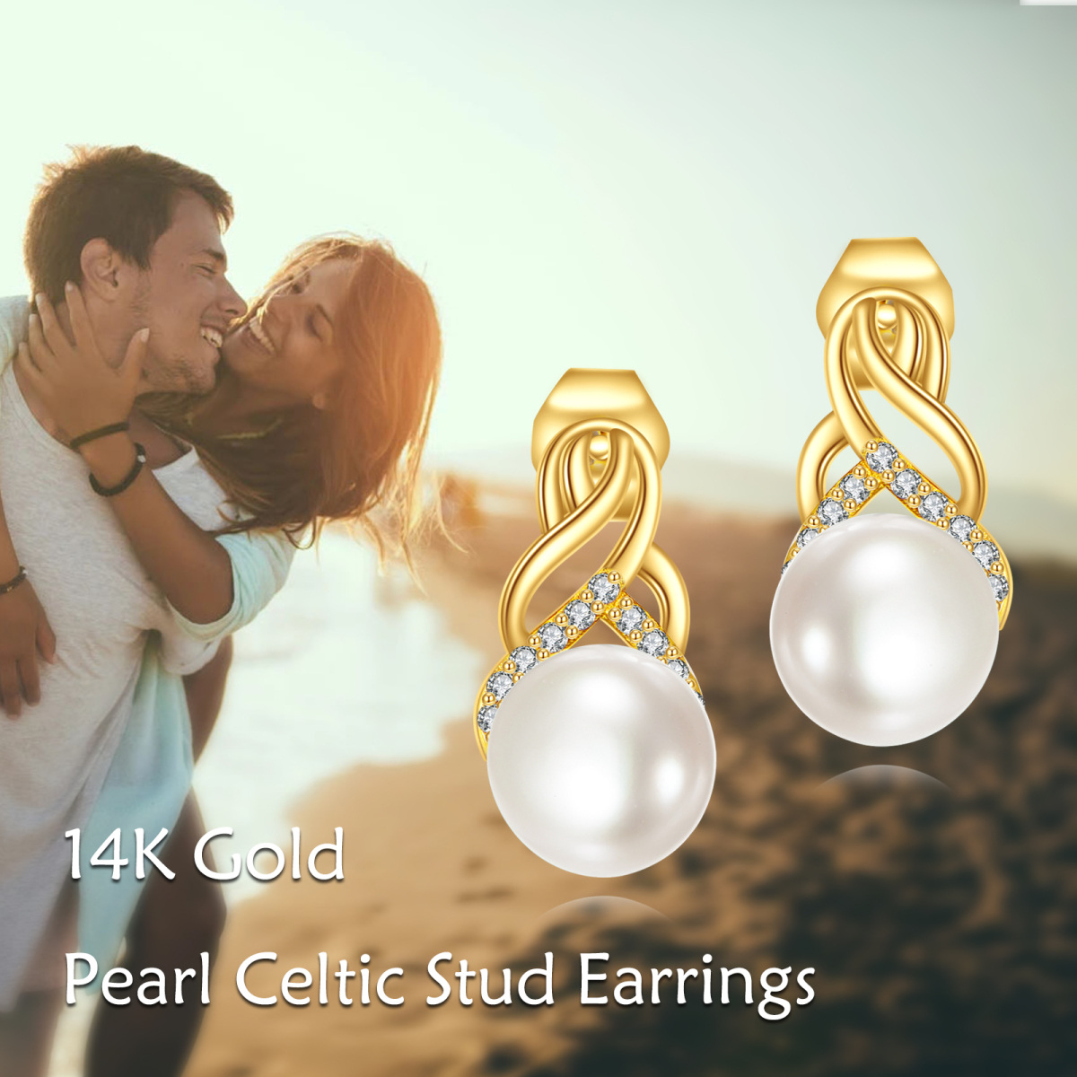 10K Gold Pearl Celtic Knot Stud Earrings-6