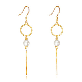 10K Gold Pearl Circle Drop Earrings-1