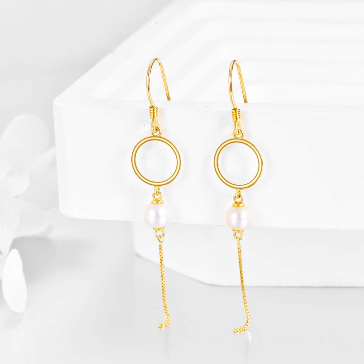 10K Gold Pearl Circle Drop Earrings-4