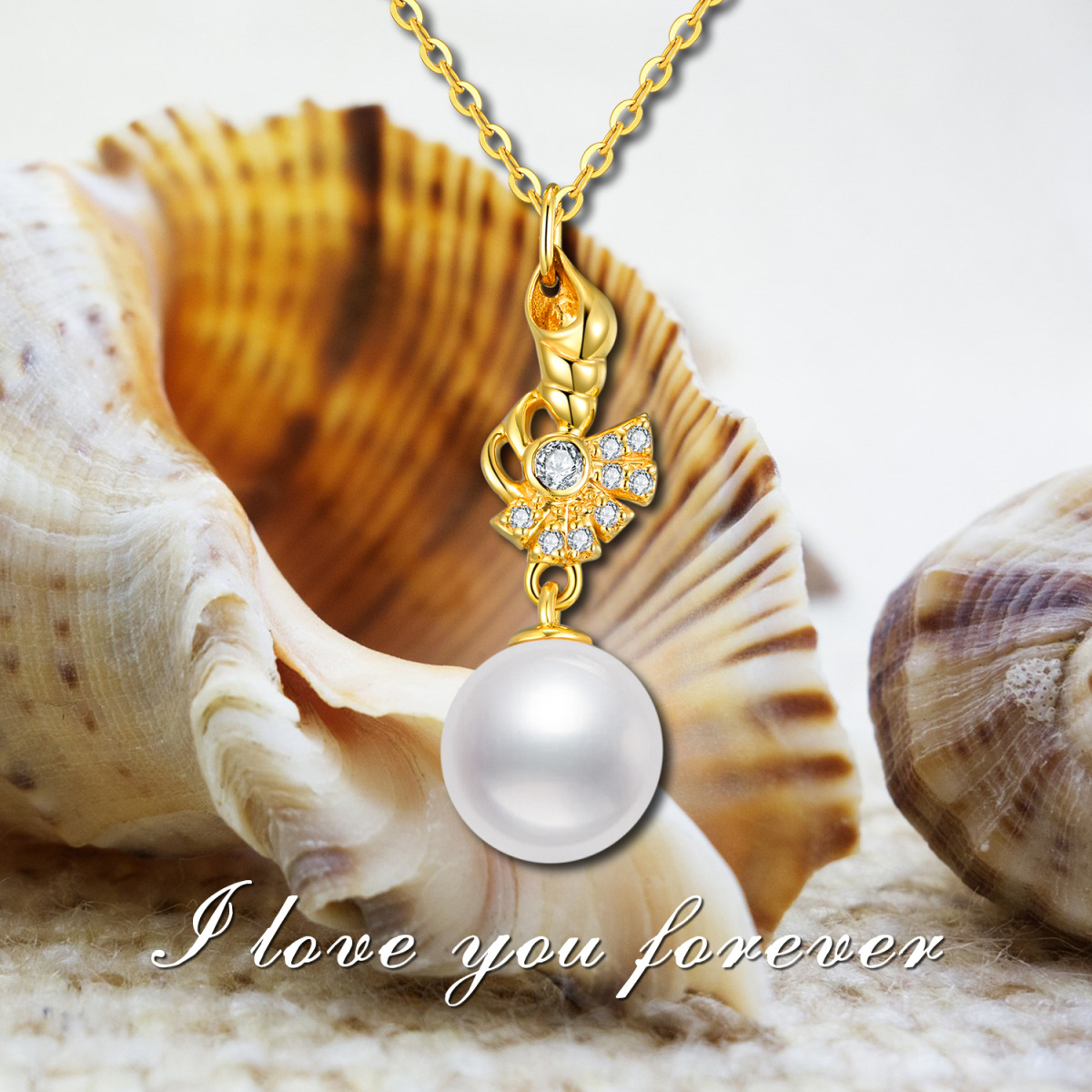 10K Gold Pearl & Cubic Zirconia Conch Pendant Necklace-3