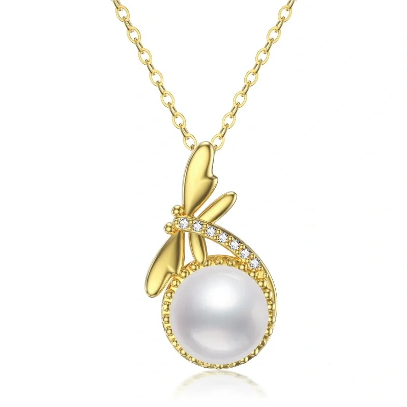 10K Gold Pearl Dragonfly Pendant Necklace-1