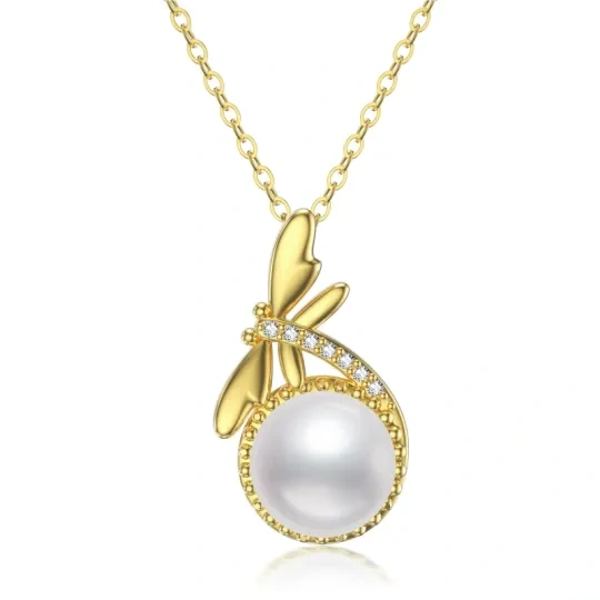 10K Gold Pearl Dragonfly Pendant Necklace