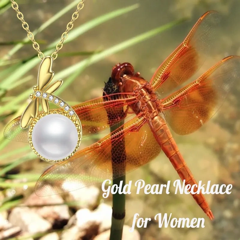 10K Gold Pearl Dragonfly Pendant Necklace-3