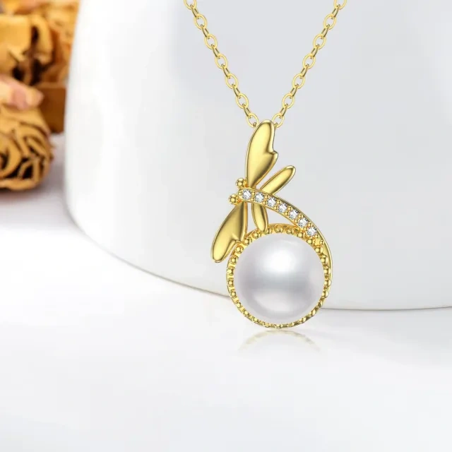 10K Gold Pearl Dragonfly Pendant Necklace-4