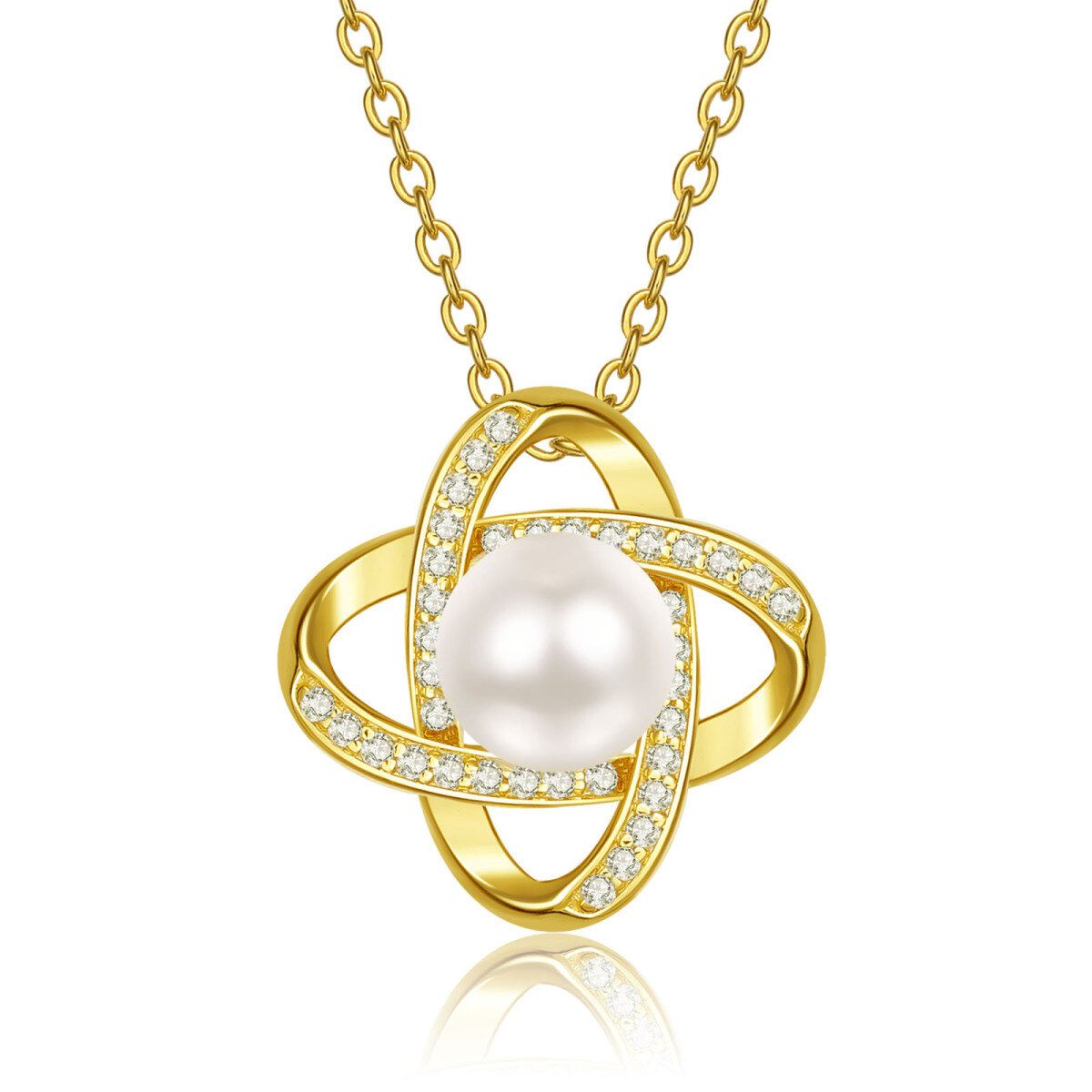 10K Gold Pearl With Cubic Zirconia Four Leaf Clover Pendant Necklace For Women-1