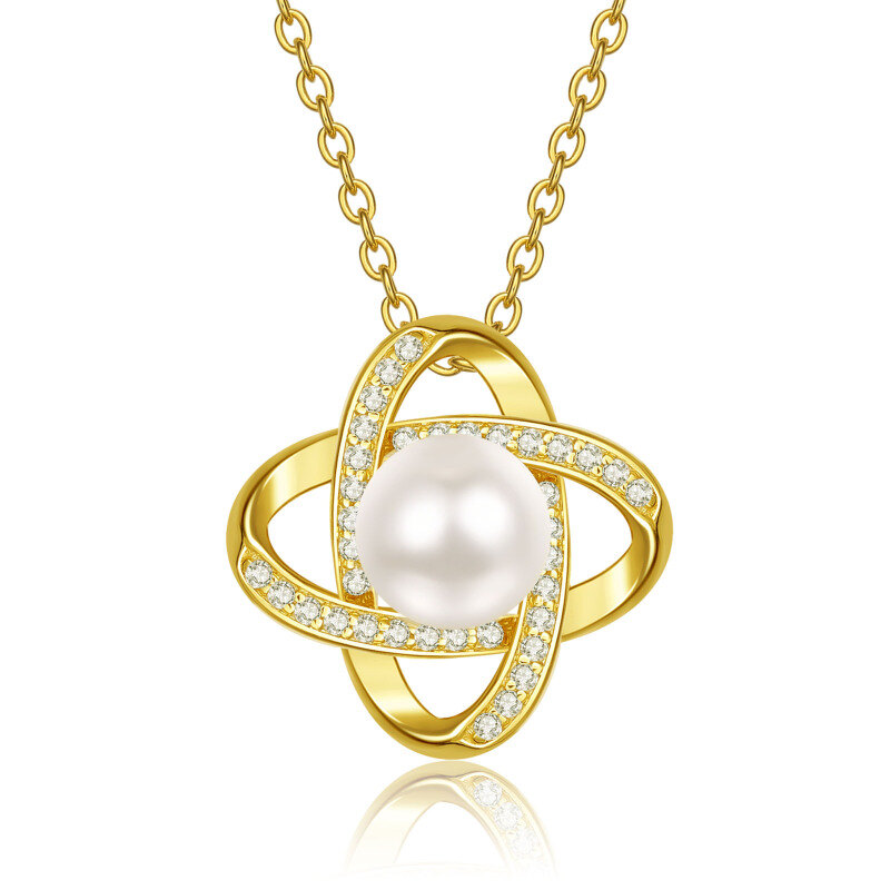 10K Gold Pearl With Cubic Zirconia Four Leaf Clover Pendant Necklace For Women-4
