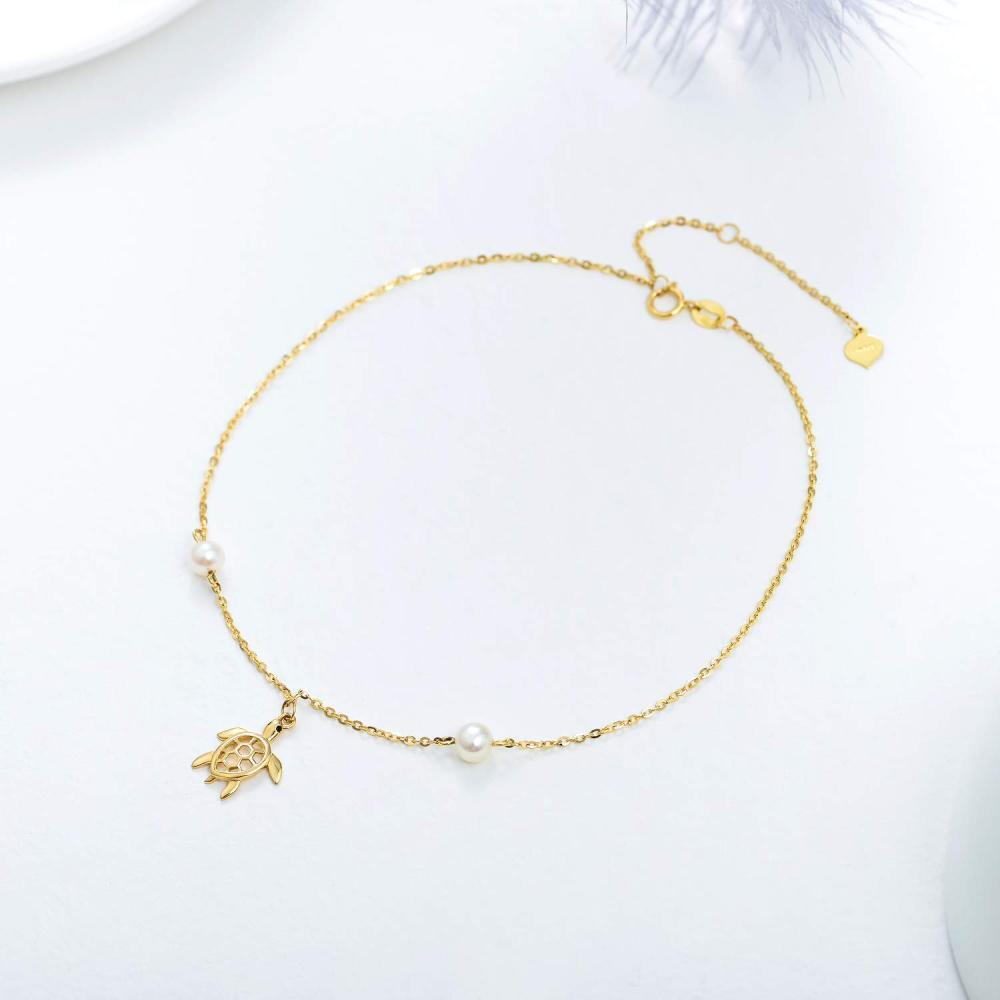 Pulsera con colgante de electrocardiograma de tortuga marina con perlas de oro de 10 quilates-4