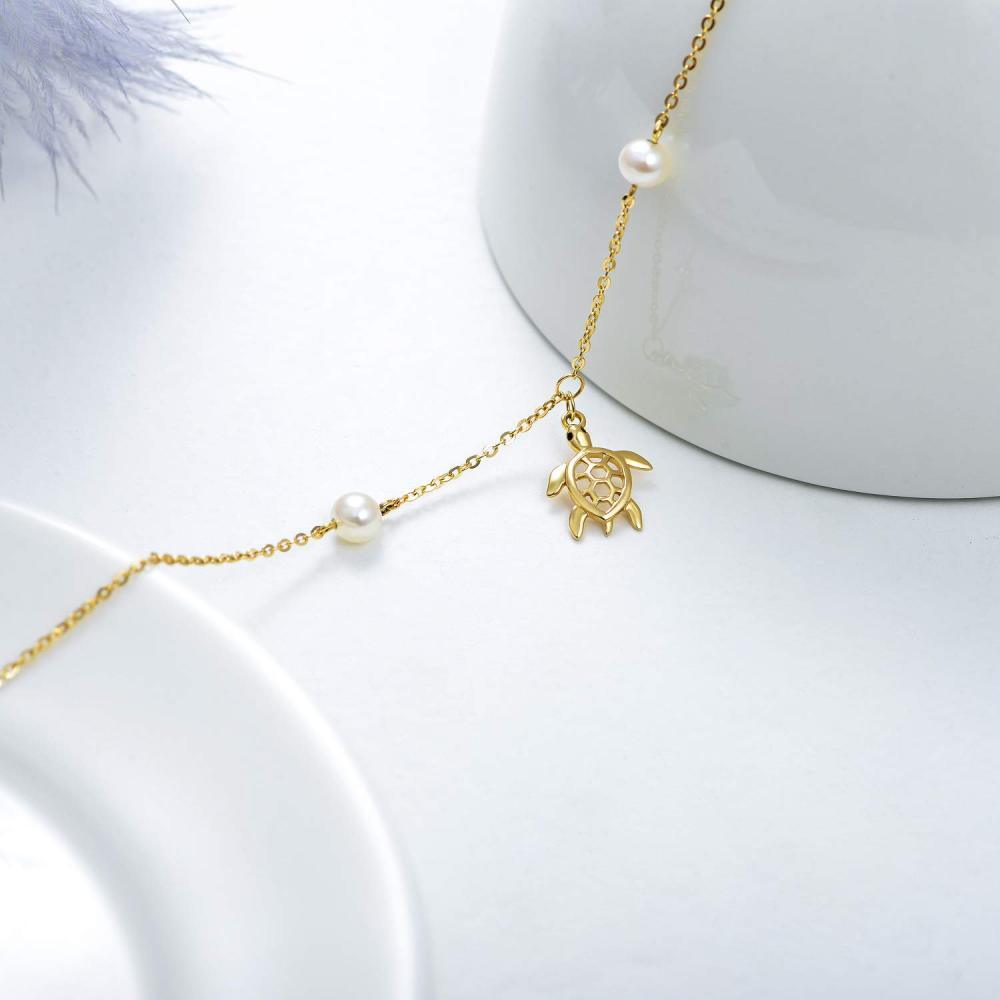 Pulsera con colgante de electrocardiograma de tortuga marina con perlas de oro de 10 quilates-5