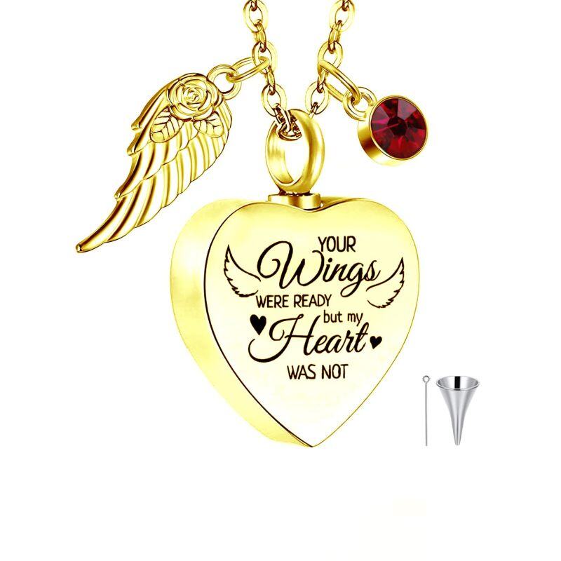 Colar de urna de coração de asa de anjo de pedra de nascimento personalizada de ouro 10K para cinzas com palavra gravada-1