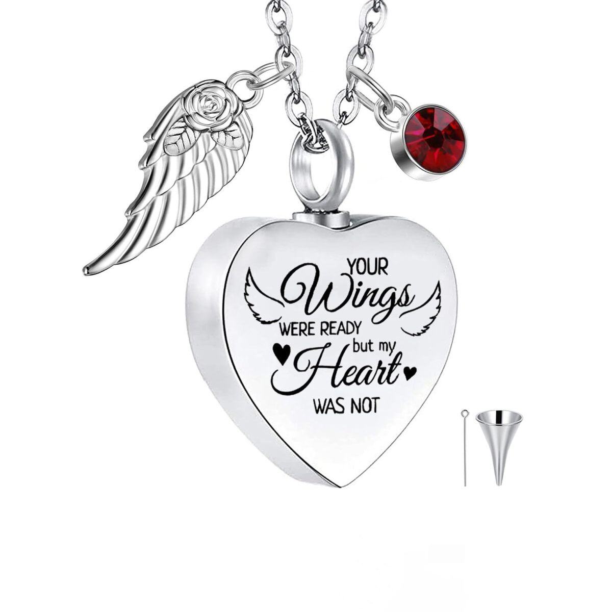 10K Gold Personalized Birthstone & Angel Wing & Heart Urn Necklace for Ashes with Engraved Word-2