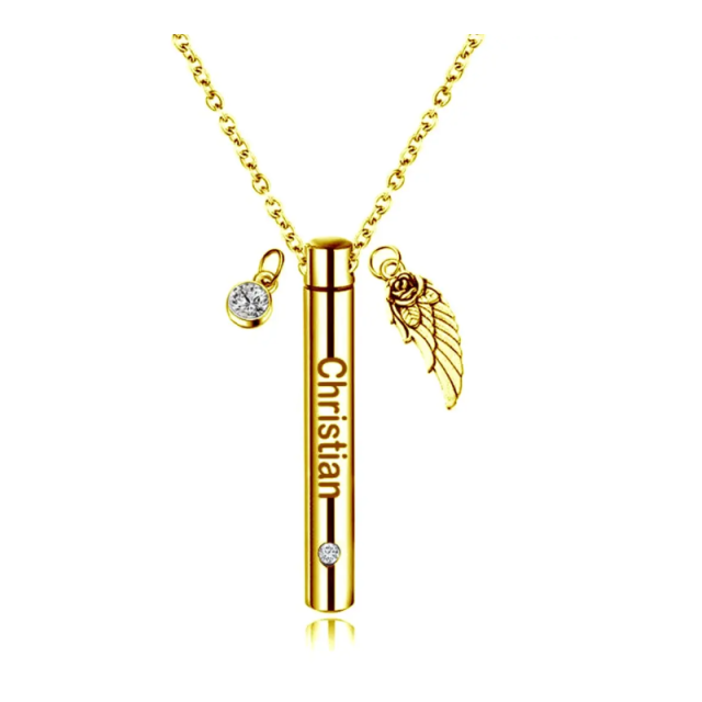 10K Gold Personalized Birthstone and Classic Name Angel Wing Urn Necklace for Ashes-2