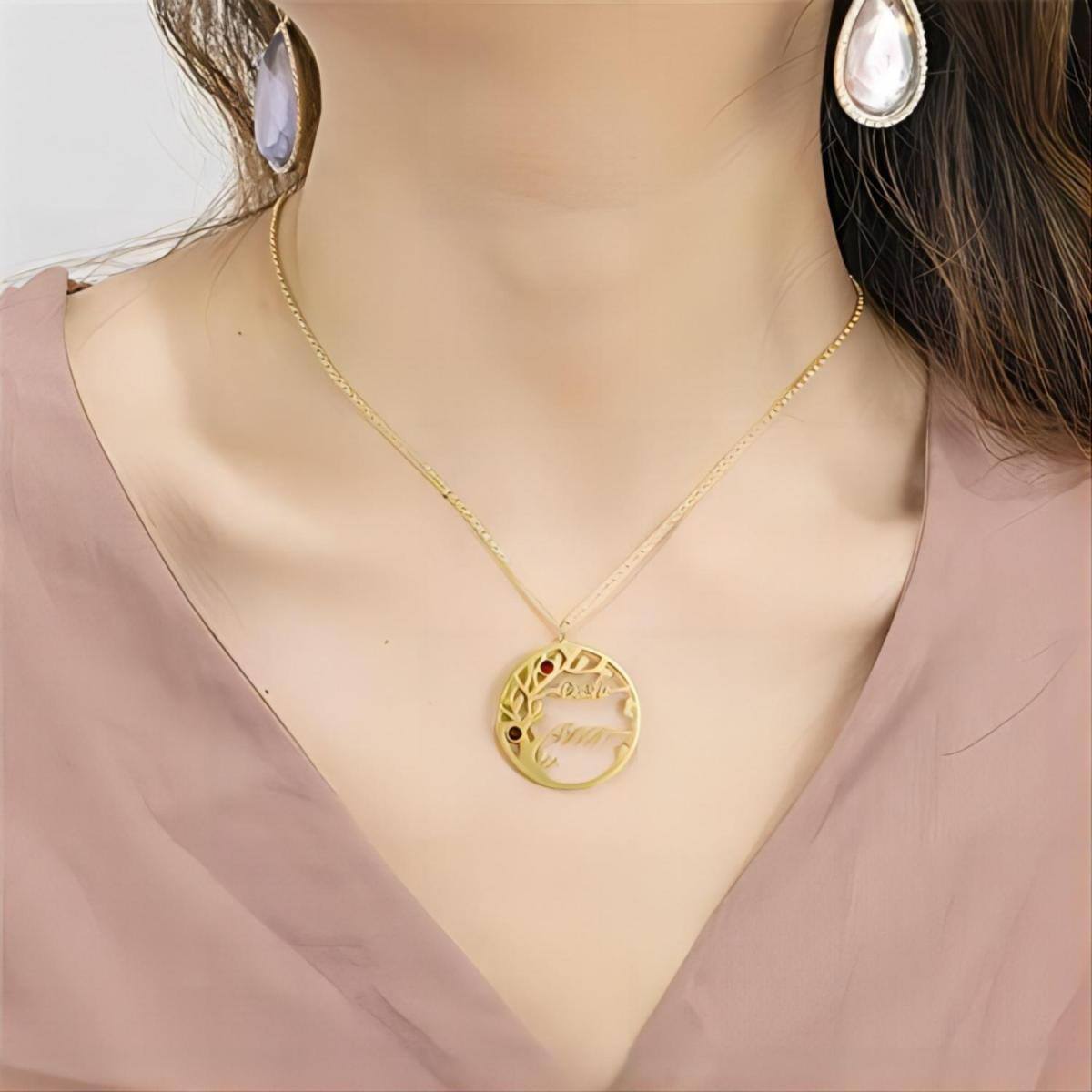 Collier avec pendentif arbre de vie personnalisé en or 10 carats et zircone cubique, pierre de naissance, nom classique, pour femme-2