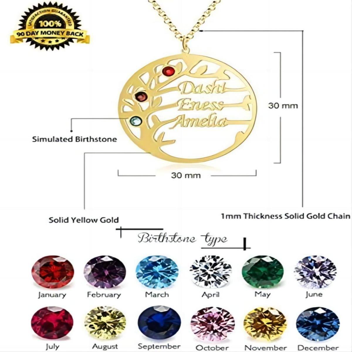 10K Gold Cubic Zirconia Personalized Birthstone & Classic Name Tree Of Life Pendant Necklace For Women-4