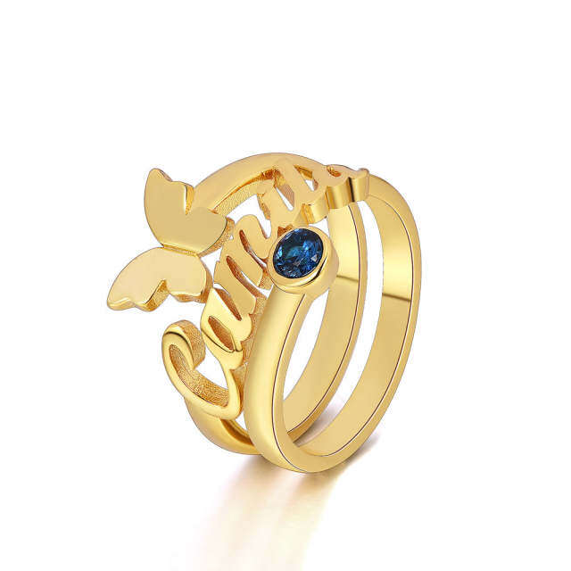 10K Gold Birthstone Personalised Engraving Butterfly Open Ring For Women-1