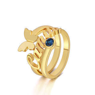 10K Gold Birthstone Personalised Engraving Butterfly Open Ring For Women-10