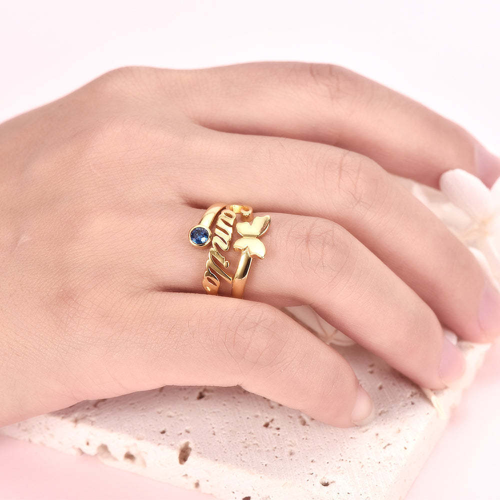 10K Gold Birthstone Personalised Engraving Butterfly Open Ring For Women-2