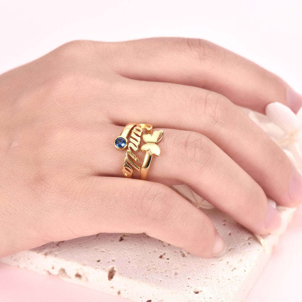 10K Gold Personalized Birthstone & Personalized Engraving Butterfly Open Ring-2