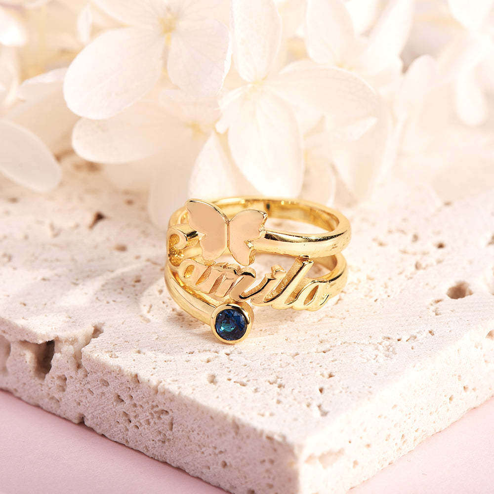 10K Gold Birthstone Personalised Engraving Butterfly Open Ring For Women-3