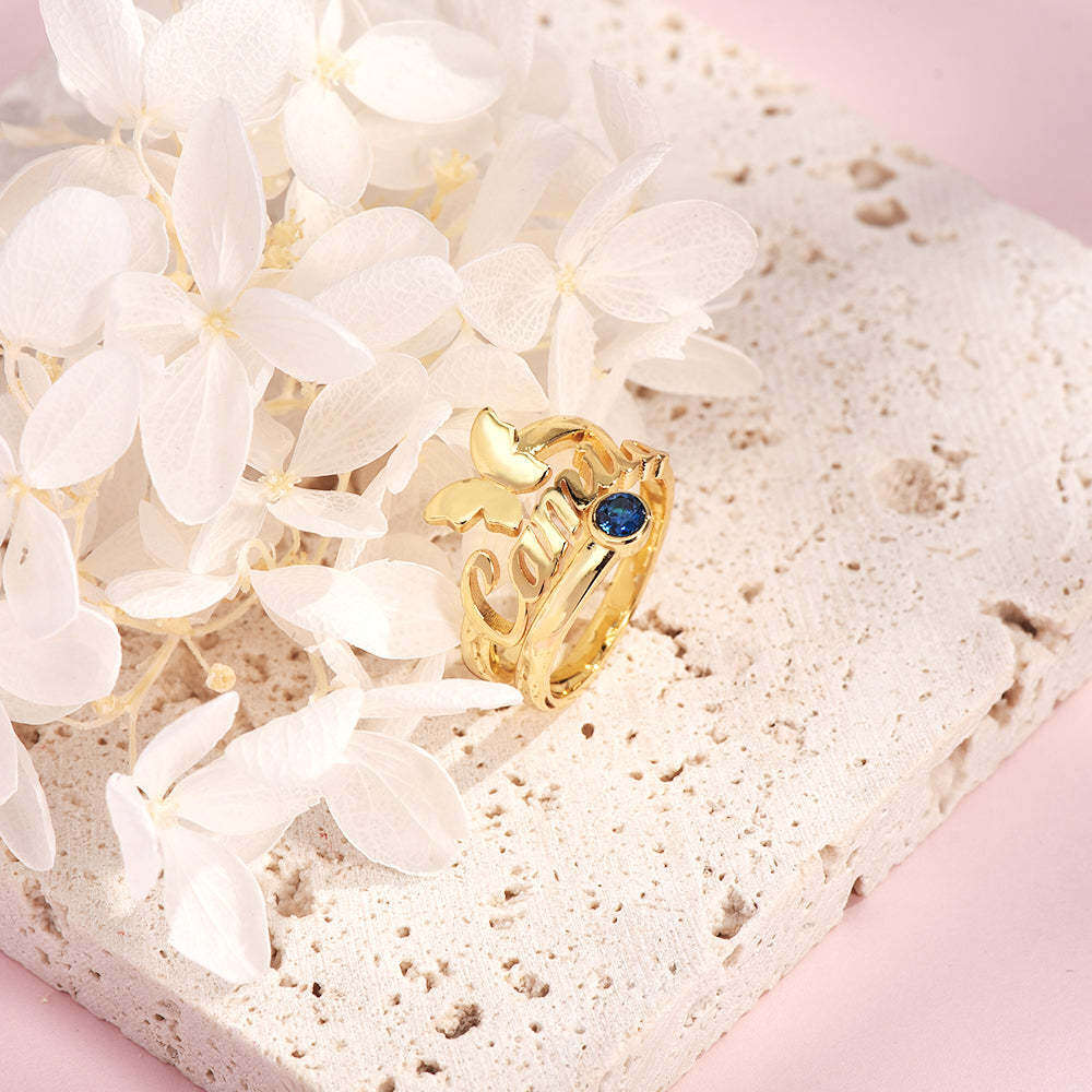 Anillo Abierto de Mariposa con Piedra de Nacimiento Personalizada y Grabado Personalizado-4