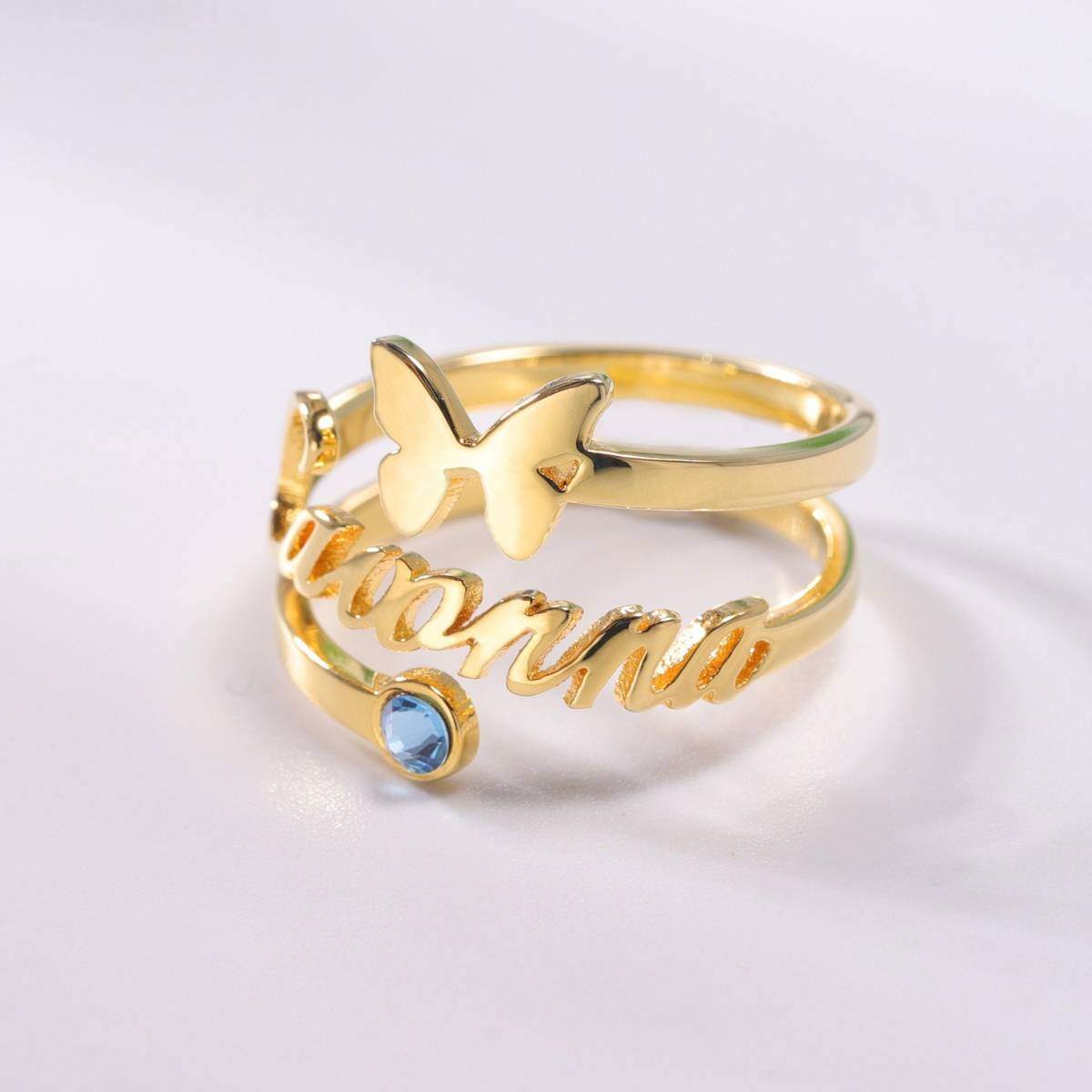 Anillo Abierto de Mariposa con Piedra de Nacimiento Personalizada y Grabado Personalizado-5