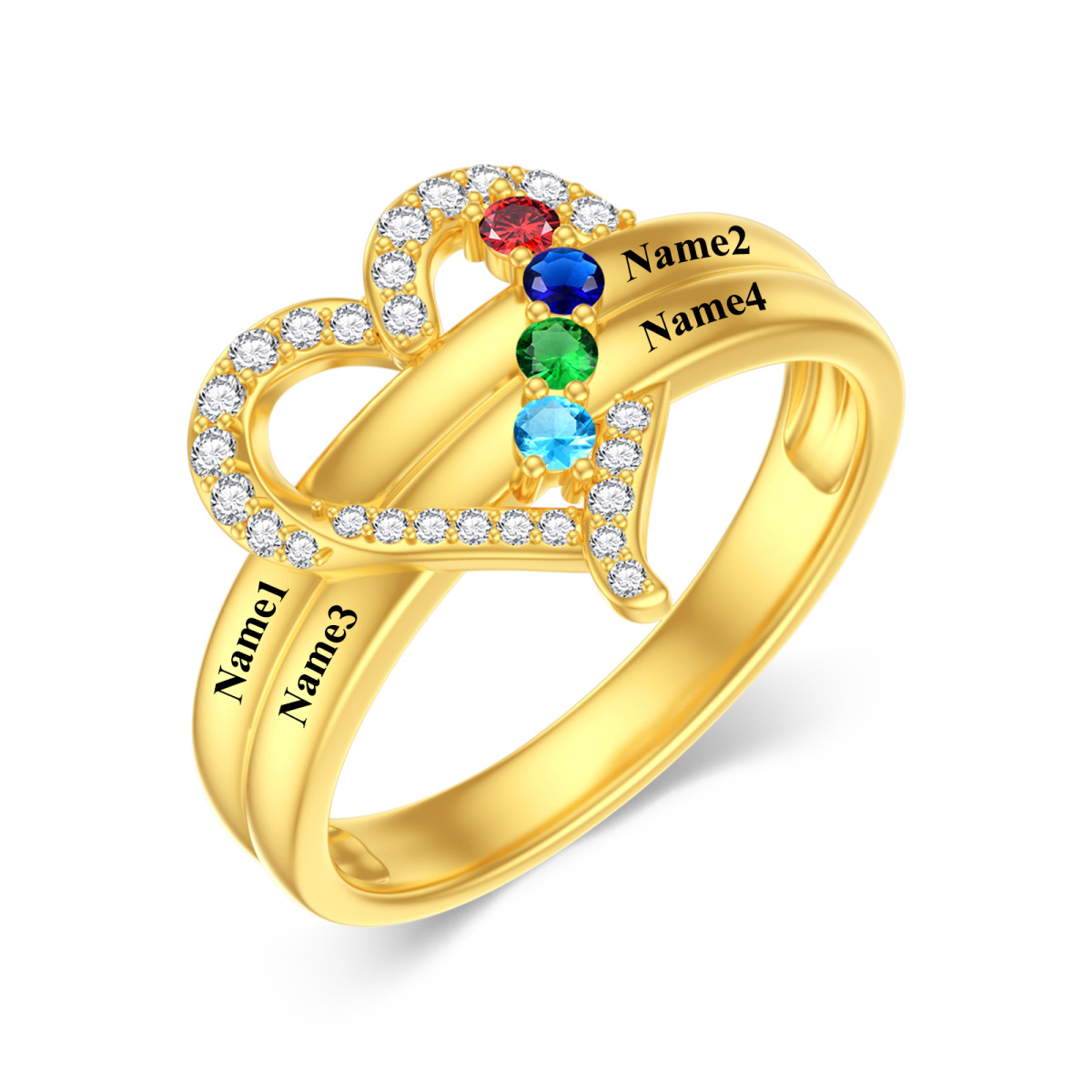 10K Gold Heart Personalized Birthstone Custom Family Name Ring Gift For Mom Grandma-1