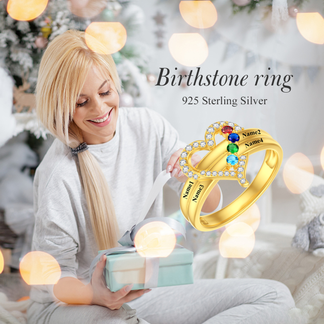 Anillo personalizado con piedra natal de oro de 10 quilates con grabado personalizado y piedra natal de corazón-6