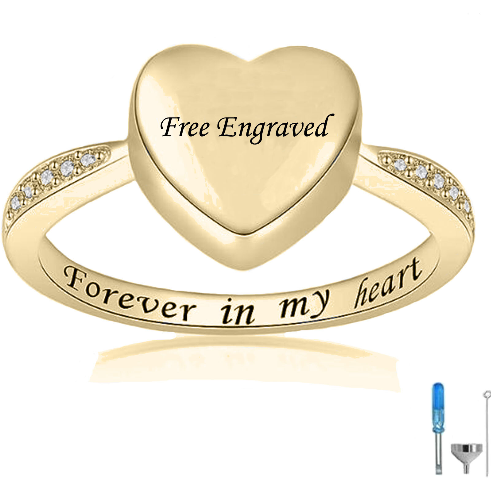 Image of 10K Gold Cubic Zirconia Heart Personalized Engraving Urn Ring