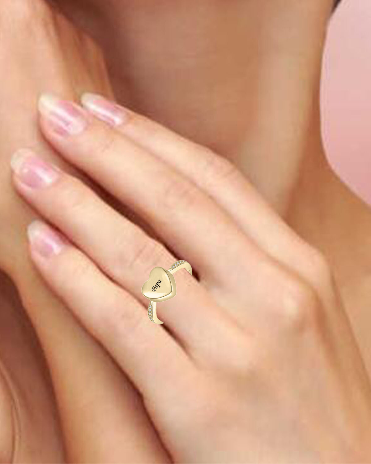 10K Gold Cubic Zirconia Heart Personalized Engraving Urn Ring-2