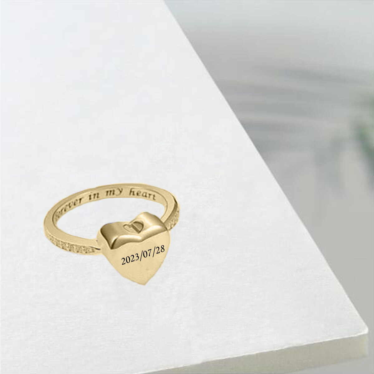 10K Gold Cubic Zirconia Heart Personalized Engraving Urn Ring-3