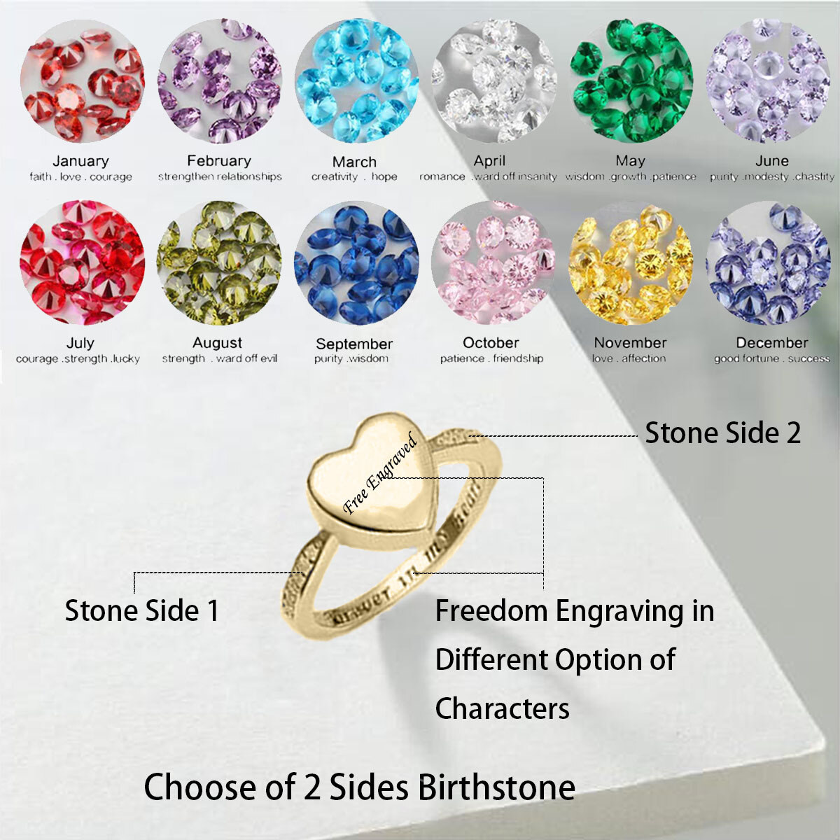 10K Gold Cubic Zirconia Personalized Birthstone & Personalized Engraving & Heart Urn Ring-7