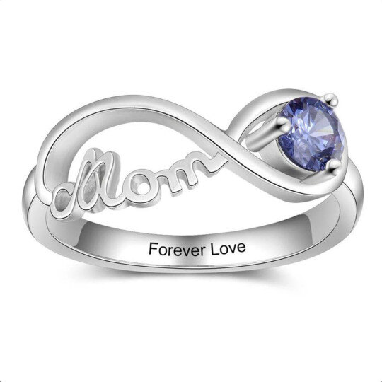 Anello da donna in oro bianco 10 carati con pietra portafortuna personalizzata e incisione con simbolo dell'infinito