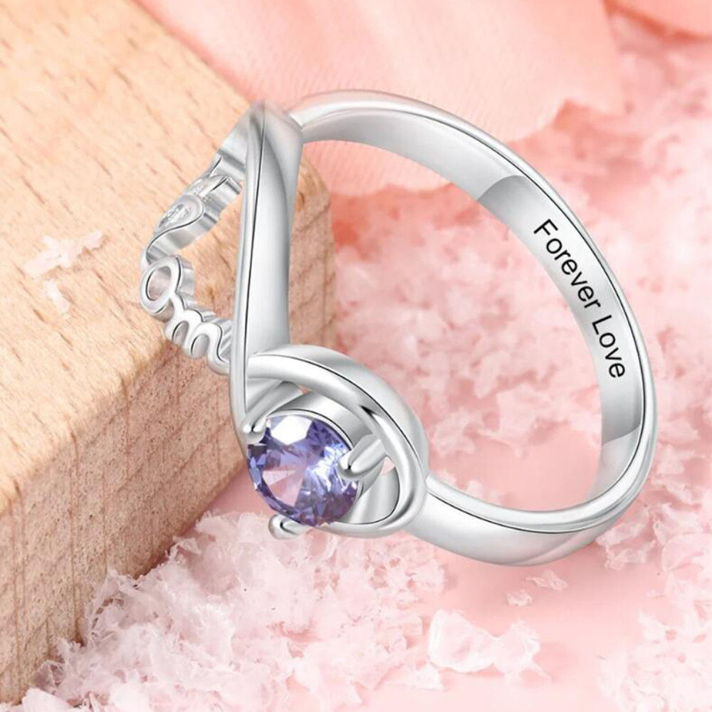 Anillo de oro blanco de 10 quilates con piedra de nacimiento personalizada y grabado con símbolo de infinito para mujer.-2
