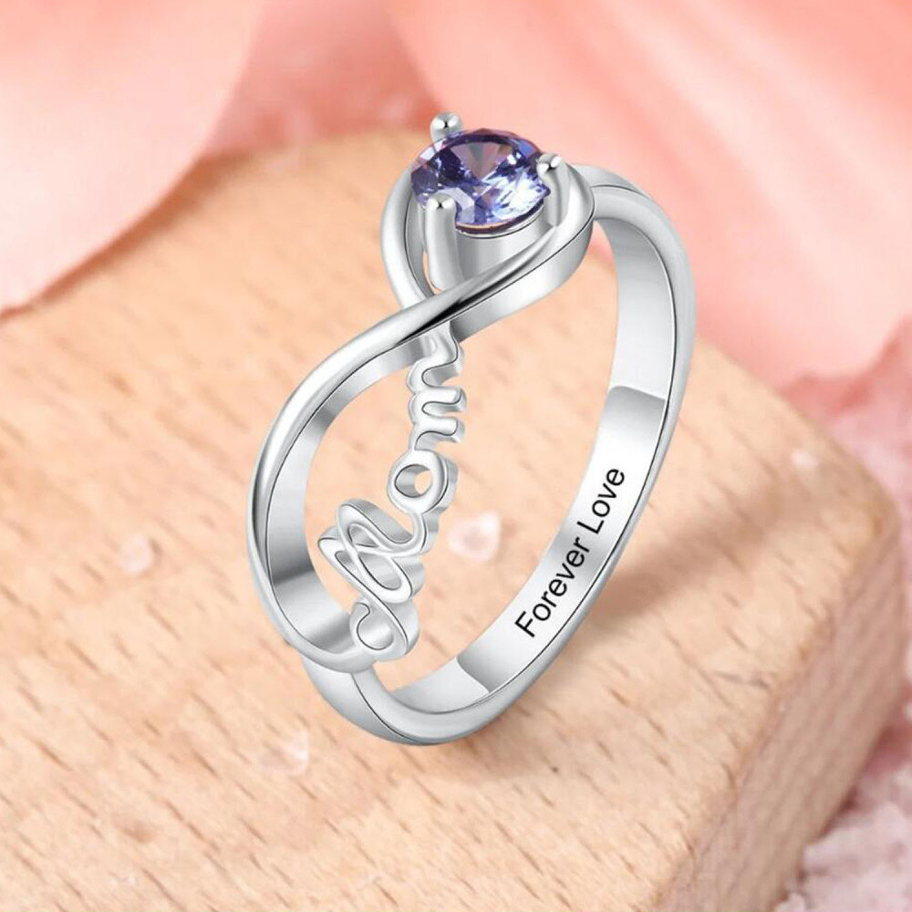 Anillo de oro blanco de 10 quilates con piedra de nacimiento personalizada y grabado con símbolo de infinito para mujer.-3