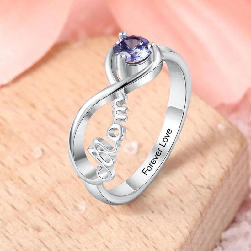 10K White Gold Personalized Birthstone With Engraving With Infinity Symbol Ring For Women-3