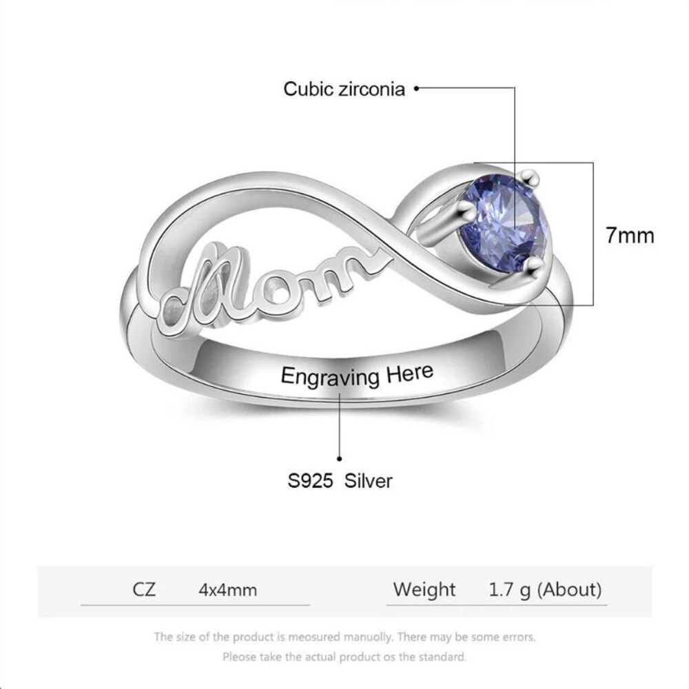 Anillo de oro blanco de 10 quilates con piedra de nacimiento personalizada y grabado con símbolo de infinito para mujer.-4