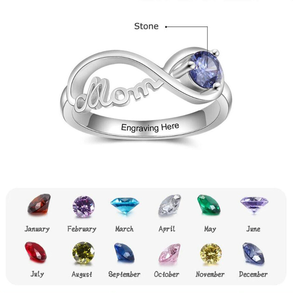 Anillo de oro blanco de 10 quilates con piedra de nacimiento personalizada y grabado con símbolo de infinito para mujer.-5