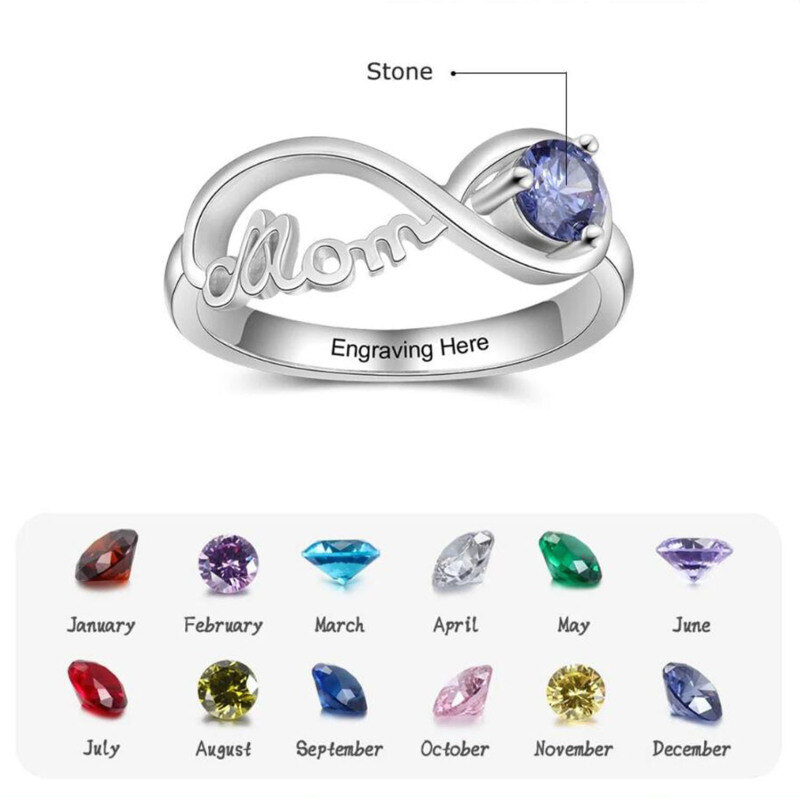10K White Gold Personalized Birthstone With Engraving With Infinity Symbol Ring For Women-5