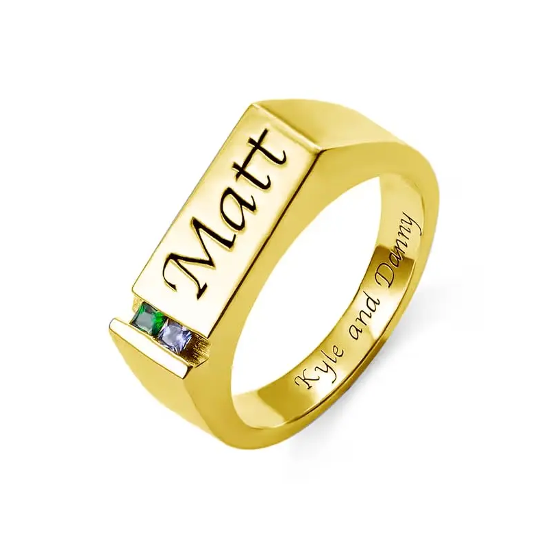 10K Gold Cubic Zirconia Personalized Birthstone & Personalized Engraving Ring for Men-1