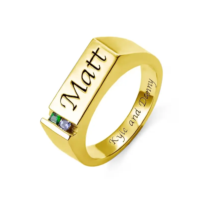 10K Gold Cubic Zirconia Personalized Birthstone & Personalized Engraving Ring for Men-53